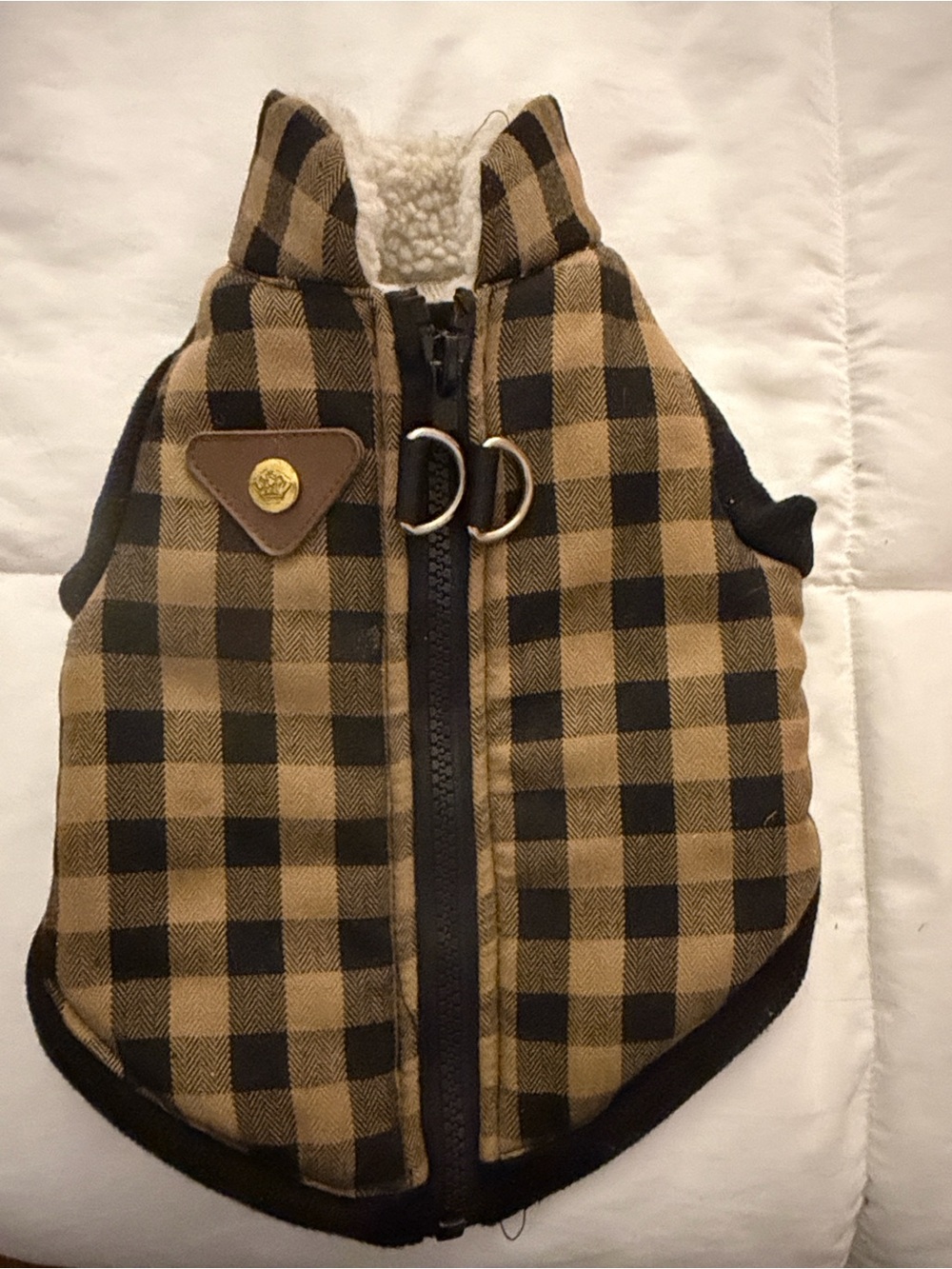 Plaid Sherpa-Lined Dog Vest Harness - Tan & Black